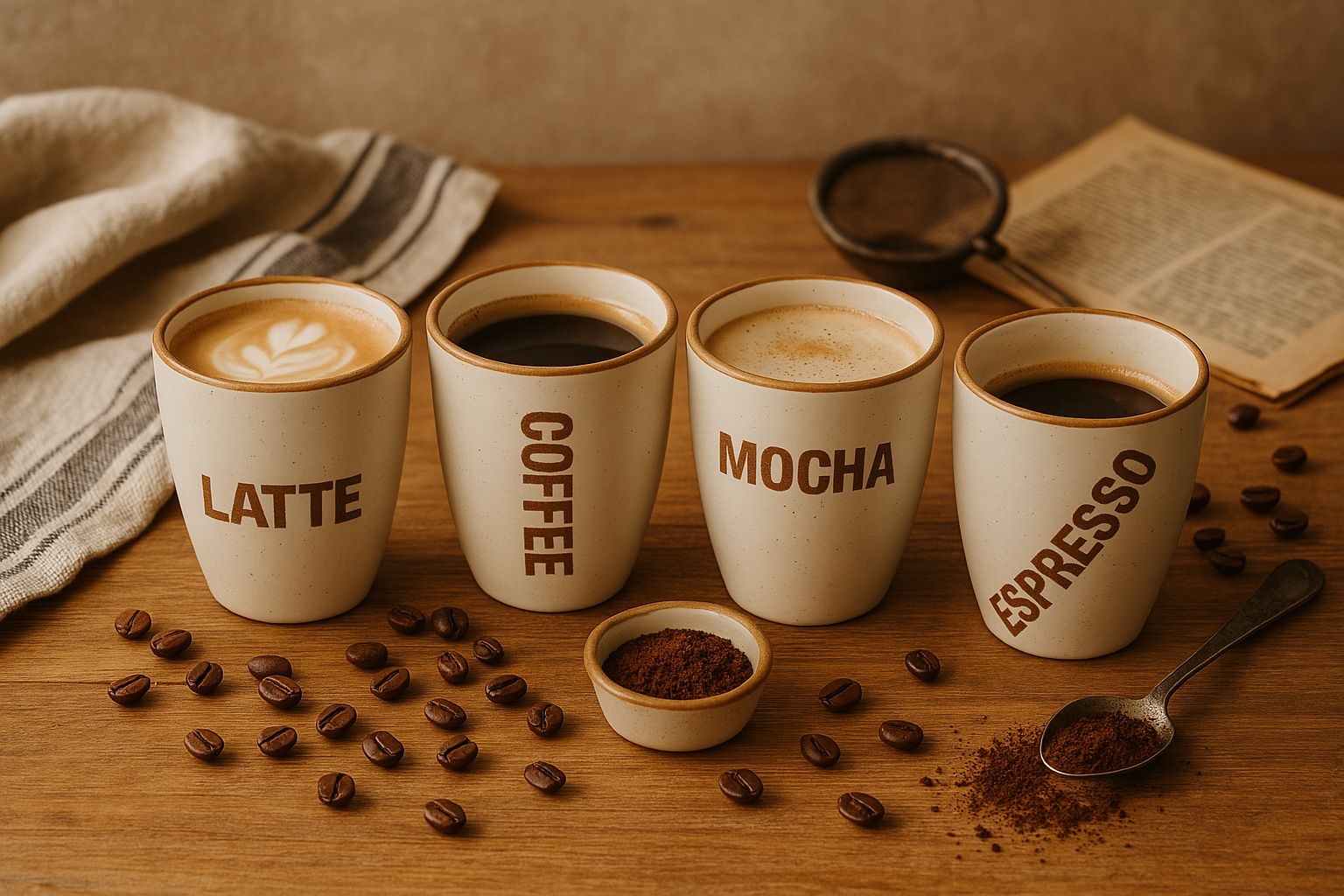 Set 4 căni pentru cafea, Alpina, Coffee - Espresso - Latte - Mocha, 280 ml